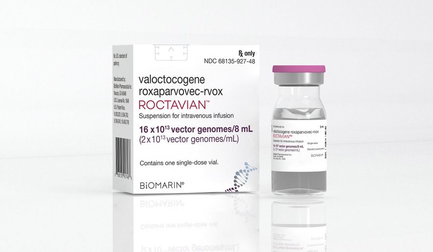 This photo provided by BioMarin in June 2023 shows a vial and packaging for their drug Roctavian. U.S. officials on Thursday, June 19, 2023 approved the drugmaker's gene therapy for the most common form of hemophilia, an infused treatment that can significantly reduce dangerous bleeding problems. (BioMarin via AP)