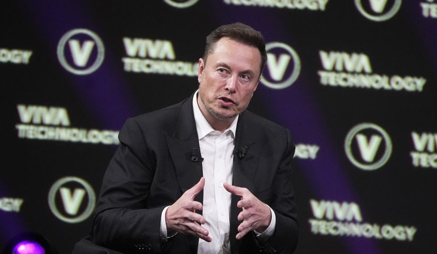 Elon Musk, who owns Twitter, Tesla and SpaceX, speaks at the Vivatech fair, on June 16, 2023, in Paris. (AP Photo/Michel Euler, File)