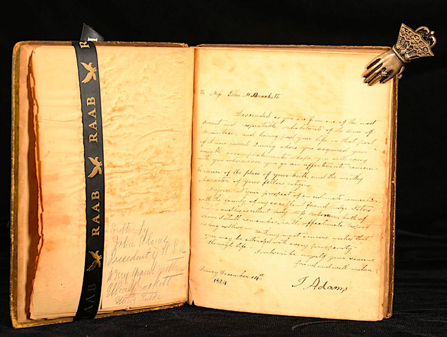 The Raab Collection — a family-owned business dealing in historic signatures and letters — has announced the discovery of a previously unknown, early 19th-century autograph book, or “friendship album” which includes both the signature and some practical advice from founding father and U.S. president John Adams. (Image courtesy of the Raab Collection).