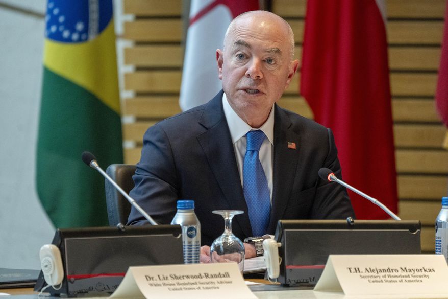 Secretary of Homeland Security Alejandro Mayorkas speaks during the June Ministerial of the Los Angeles Declaration on Migration and Protection, June 23, 2023, at the World Bank Main Complex in Washington. (AP Photo/Jacquelyn Martin, File)