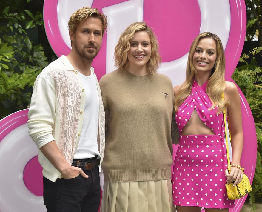 Ryan Gosling, from left, Greta Gerwig and Margot Robbie arrive at a photo call for "Barbie" on June 25, 2023, at the Four Seasons Hotel in Los Angeles. Vietnam's state media have reported that the government banned distribution of the popular ‘Barbie’ movie because it includes a view of a map showing disputed Chinese territorial claims in the South China Sea. (Photo by Jordan Strauss/Invision/AP, File)