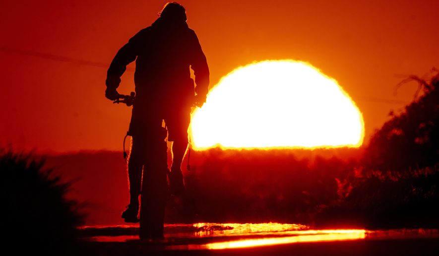 A man rides a bike on a small road on the outskirts of Frankfurt, Germany, as the sun rises on Friday, July 7, 2023. (AP Photo/Michael Probst)