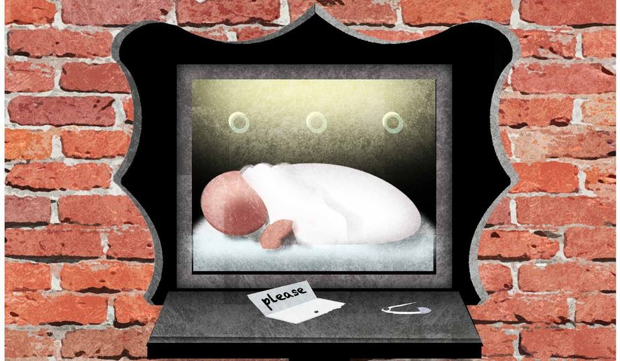 Illustration on Safe Haven baby boxes and abandonment of children by Alexander Hunter/The Washington Times
