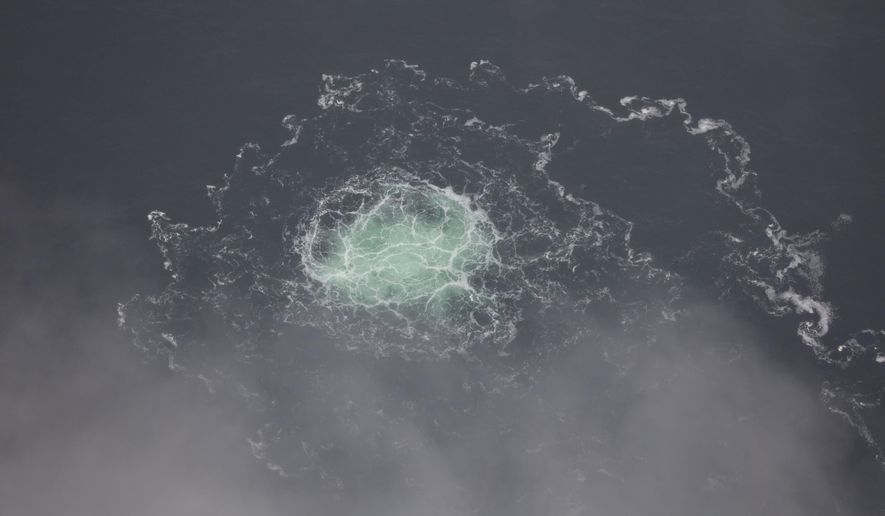 In this picture provided by Swedish Coast Guard, a leak from Nord Stream 2 is seen, on Sept. 28, 2022. Investigators found traces of subsea explosives in samples taken from a boat that has been one aspect of a probe into the sabotage of the Nord Stream gas pipelines under the Baltic Sea last year, European diplomats have told the U.N. Security Council. (Swedish Coast Guard via AP, File)