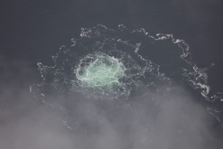 In this picture provided by Swedish Coast Guard, a leak from Nord Stream 2 is seen, on Sept. 28, 2022. Investigators found traces of subsea explosives in samples taken from a boat that has been one aspect of a probe into the sabotage of the Nord Stream gas pipelines under the Baltic Sea last year, European diplomats have told the U.N. Security Council. (Swedish Coast Guard via AP, File)