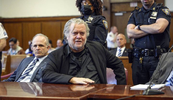 Steve Bannon, center, appears in Manhattan Supreme Court, May 25, 2023, in New York. (AP Photo/Curtis Means via Pool, File)