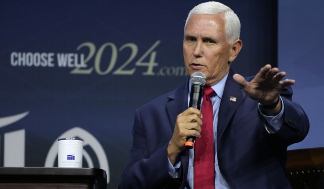 Republican presidential candidate former Vice President Mike Pence speaks during the Family Leadership Summit, Friday, July 14, 2023, in Des Moines, Iowa. (AP Photo/Charlie Neibergall)