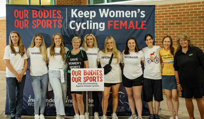 The Independent Women&#x27;s Forum held an &quot;Our Bodies, Our Sports&quot; rally in favor of single-sex sports during the 2023 USA Cycling Pro Road National Championships held June 22-25 in Knoxville, Tennessee. (Photo courtesy Independent Women&#x27;s Forum)