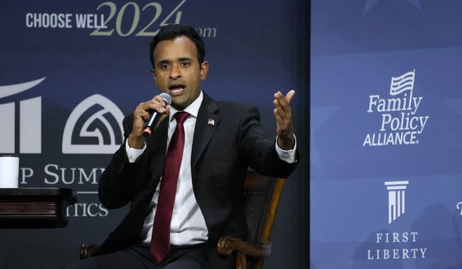 Republican presidential candidate businessman Vivek Ramaswamy speaks during the Family Leadership Summit, Friday, July 14, 2023, in Des Moines, Iowa. (AP Photo/Charlie Neibergall, File)
