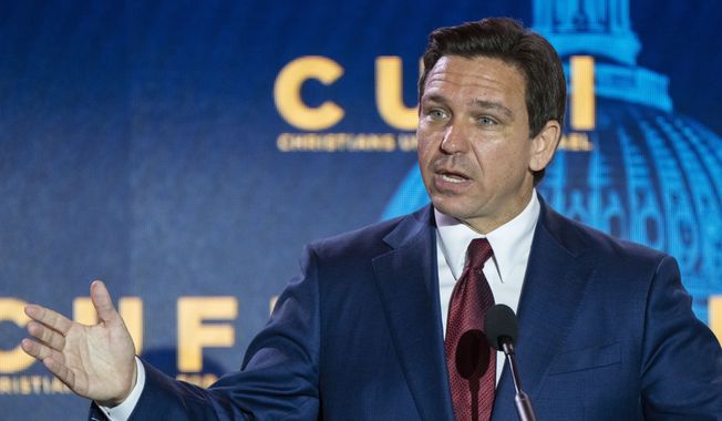 Republican presidential candidate Florida Gov. Ron DeSantis speaks to the Christians United For Israel (CUFI) Summit 2023, Monday, July 17, 2023, in Arlington, Va. (AP Photo/Jacquelyn Martin)