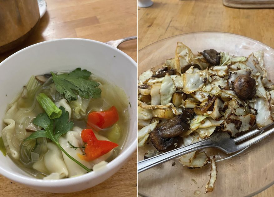 This combination of photos shows shows soup made with chicken-cilantro dumplings from the freezer and leftover vegetables, left, and stir-fried mushrooms with the cabbage. (Beth J. Harpaz via AP)