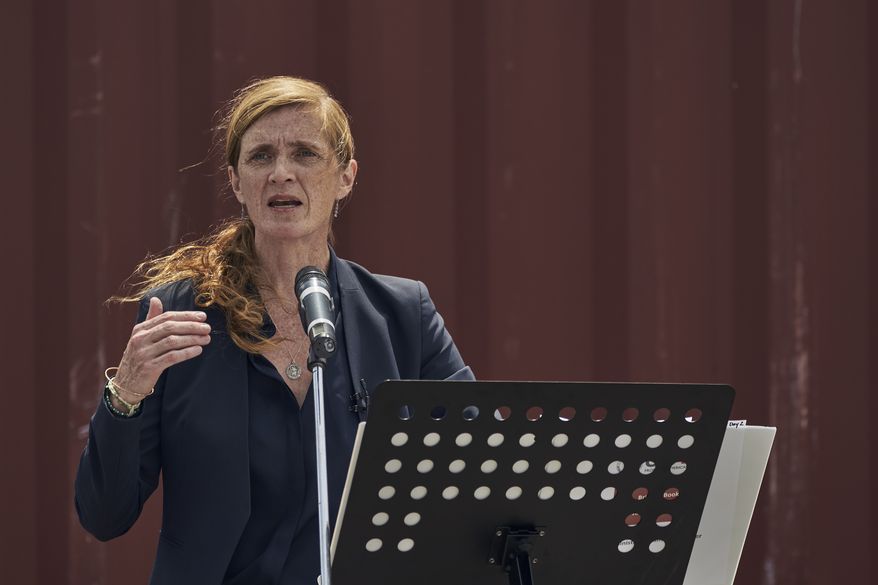 U.S. Agency for International Development Administrator Samantha Power speaks during a news conference at the Port of Odesa, in Odesa, Ukraine, Tuesday, July 18, 2023. (AP Photo/Libkos)