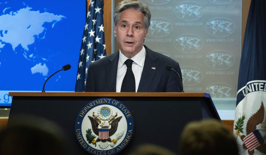 Secretary of State Antony Blinken speaks to reporters at the State Department in Washington, Monday, July 17, 2023. (AP Photo/Manuel Balce Ceneta)