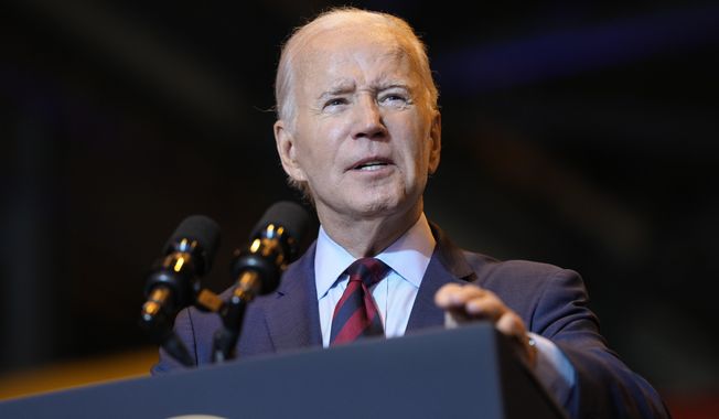 President Joe Biden speaks at a shipyard in Philadelphia, Thursday, July 20, 2023. Biden is visiting the shipyard to push for a strong role for unions in tech and clean energy jobs. (AP Photo/Susan Walsh)