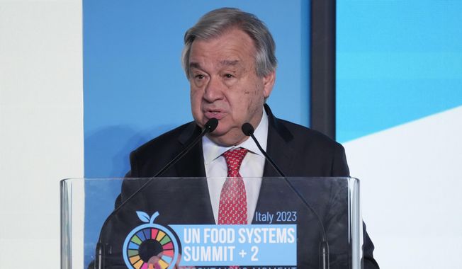 U.N. Secretary-General Antonio Guterres addresses the assembly during the opening session of a three-day U.N. Food and Agriculture Agency&#x27;s summit on food systems in Rome, Monday, July 24, 2023. (AP Photo/Andrew Medichini) ** FILE **