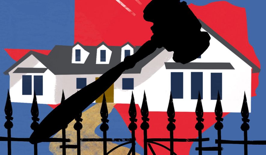 Illustration on a Texas law suit and Ku Klux Klan symbol by Linas Garsys/The Washington Times