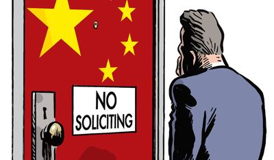Illustration on John Kerry&#x27;s recent visit to China by Alexander Hunter/The Washington Times