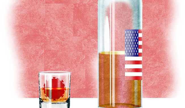 Illustration on COVID-19 and American alcohol consumption by Alexander Hunter/The Washington Times
