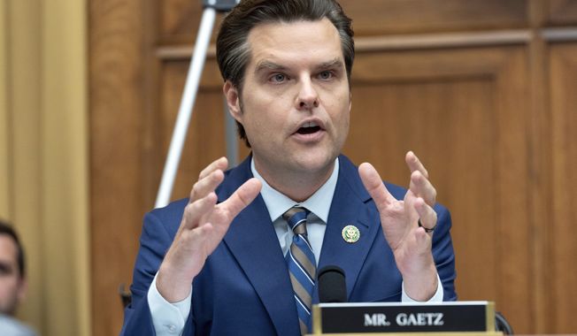 Rep. Matt Gaetz, R-Fla., speaks during the House Judiciary Committee hearing on Oversight of the U.S. Department of Homeland Security on Capitol Hill in Washington, Wednesday, July 26, 2023. (AP Photo/Jose Luis Magana)