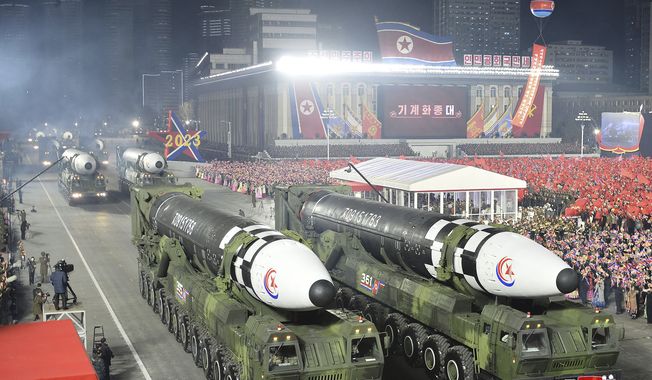 This photo provided by the North Korean government, shows what it says is Hwasong-17 intercontinental ballistic missiles during a military parade to mark the 75th founding anniversary of the Korean People&#x27;s Army on Kim Il Sung Square in Pyongyang, North Korea on Feb. 8, 2023. Independent journalists were not given access to cover the event depicted in this image distributed by the North Korean government. The content of this image is as provided and cannot be independently verified. Korean language watermark on image as provided by source reads: &quot;KCNA&quot; which is the abbreviation for Korean Central News Agency. (Korean Central News Agency/Korea News Service via AP, File)
