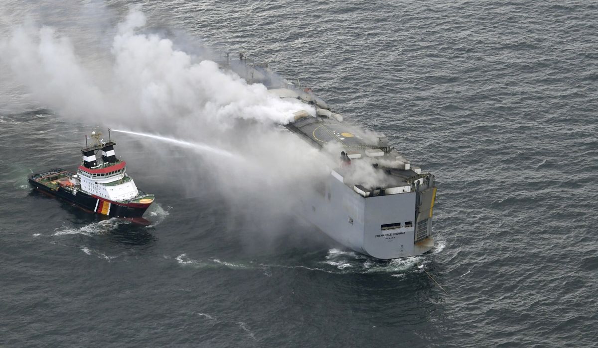 NextImg:Fire persists on car-carrying cargo ship off Dutch coast