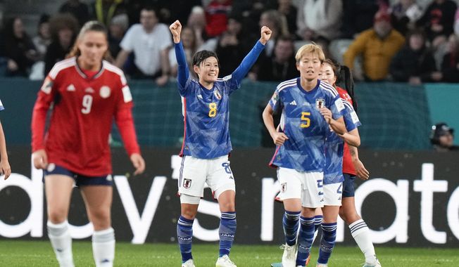 Japan&#x27;s Hikaru Naomoto, second left, celebrates after scoring her team&#x27;s first goal during the Women&#x27;s World Cup Group C soccer match between Japan and Costa Rica in Dunedin, New Zealand, Wednesday, July 26, 2023. (AP Photo/Alessandra Tarantino)