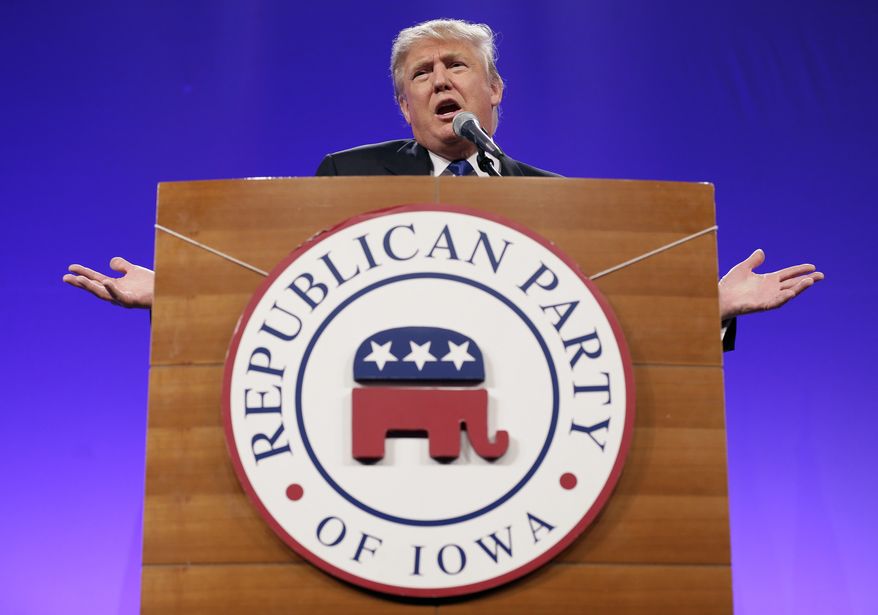 A scene of GOP gatherings past: The candidate Donald Trump speaks during the Iowa Republican Party's Lincoln Dinner, Saturday, May 16, 2015, in Des Moines, Iowa. (AP Photo/Charlie Neibergall) ** FILE **