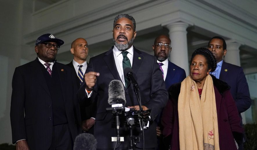 Congressional Black Caucus chair Rep. Steven Horsford, D-Nev., center, talks with reporters following a meeting with President Joe Biden at the White House in Washington, Thursday, Feb. 2, 2023. Horsford is joined by, from left, Rep. James Clyburn, D-S.C., Sen. Cory Booker, D-N.J., Sen. Raphael Warnock, D-Ga., Rep. Sheila Jackson Lee, D-Texas, and Rep. Joe Neguse, D-Colo. The Congressional Black Caucus is pushing the White House, Justice Department and the Department of Education to adopt an “aggressive legal strategy” to scrutinize recent changes to Florida's Black history curriculum. (AP Photo/Susan Walsh, File)