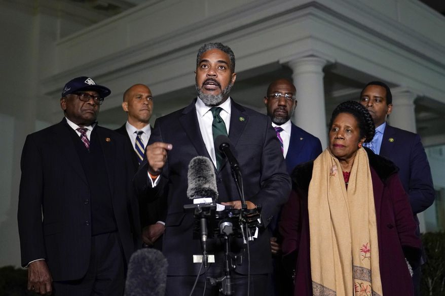 Congressional Black Caucus chair Rep. Steven Horsford, D-Nev., center, talks with reporters following a meeting with President Joe Biden at the White House in Washington, Thursday, Feb. 2, 2023. Horsford is joined by, from left, Rep. James Clyburn, D-S.C., Sen. Cory Booker, D-N.J., Sen. Raphael Warnock, D-Ga., Rep. Sheila Jackson Lee, D-Texas, and Rep. Joe Neguse, D-Colo. The Congressional Black Caucus is pushing the White House, Justice Department and the Department of Education to adopt an “aggressive legal strategy” to scrutinize recent changes to Florida's Black history curriculum. (AP Photo/Susan Walsh, File)