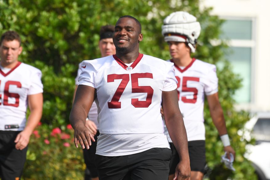 Washington Commanders offensive guard Chris Paul (75) heading towards the field to begin practice during the second day of training camp at the OrthoVirginia Training Center at Commanders Park in Ashburn, Virginia, July 28, 2023. (Photo by Billy Sabatini)