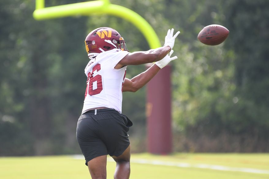 Washington Commanders wide receiver Mitchell Tinsley (86) about to make a catch during the second day of training camp at the OrthoVirginia Training Center at Commanders Park in Ashburn, Virginia, July 28, 2023. (Photo by Billy Sabatini)