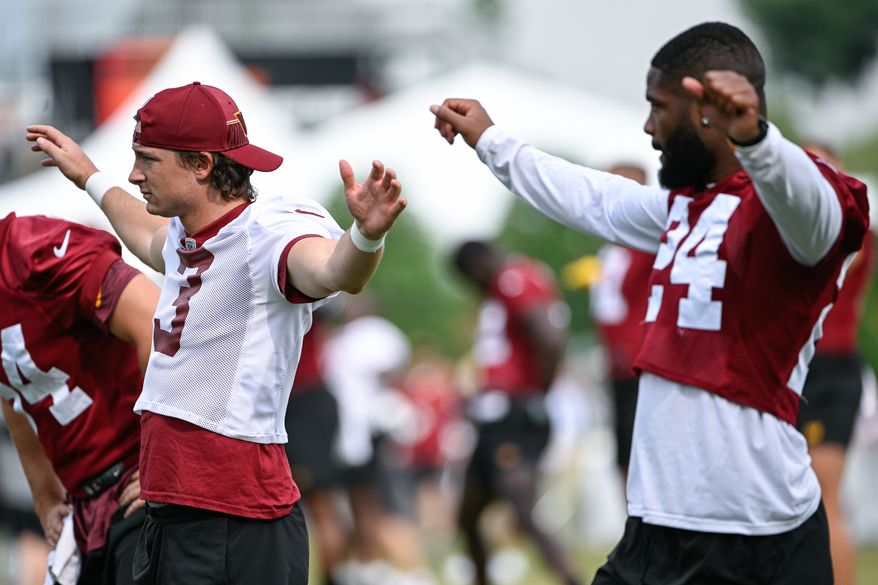 Washington Commanders kicker Michael Badgley (3) stretches during the second day of training camp at the OrthoVirginia Training Center at Commanders Park in Ashburn, Virginia, July 27, 2023. (Photo by Brian Murphy)