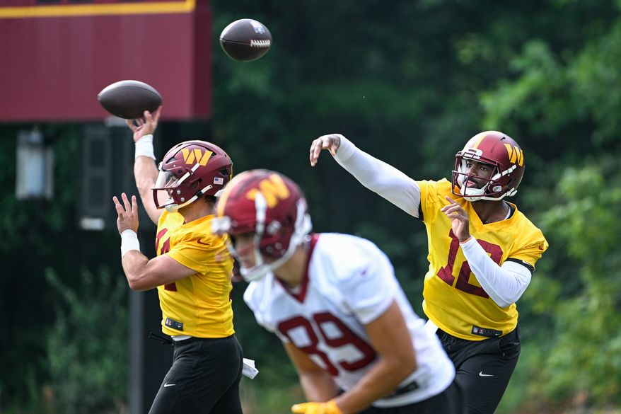 Washington Commanders quarterback Jacoby Brissett (12) throws a pass during the second day of training camp at the OrthoVirginia Training Center at Commanders Park in Ashburn, Virginia, July 27, 2023. (Photo by Brian Murphy)