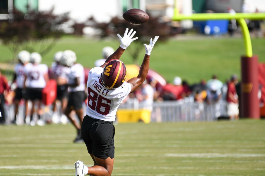 Washington Commanders wide receiver Mitchell Tinsley (86) making a catch during the fourth day of training camp at the OrthoVirginia Training Center at Commanders Park in Ashburn, Virginia, July 29, 2023. (Photo by Billy Sabatini)