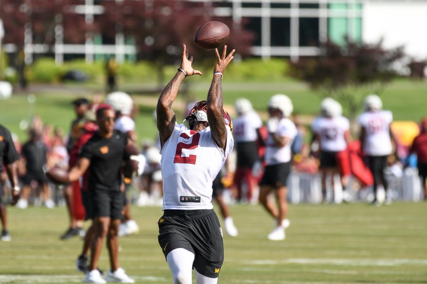 Washington Commanders wide receiver Dyami Brown (2) making a catch during the fourth day of training camp at the OrthoVirginia Training Center at Commanders Park in Ashburn, Virginia, July 29, 2023. (Photo by Billy Sabatini)