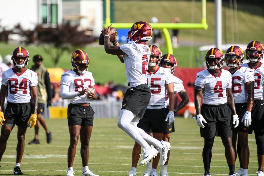 Washington Commanders wide receiver Dyami Brown (2) making a catch during the fourth day of training camp at the OrthoVirginia Training Center at Commanders Park in Ashburn, Virginia, July 29, 2023. (Photo by Billy Sabatini)