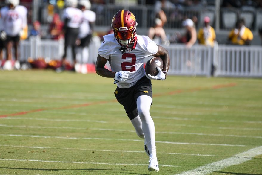Washington Commanders wide receiver Dyami Brown (2) running with the ball after making a catch during the fourth day of training camp at the OrthoVirginia Training Center at Commanders Park in Ashburn, Virginia, July 29, 2023. (Photo by Billy Sabatini)
