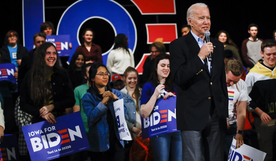 Democratic presidential candidate former Vice President Joe Biden speaks during a campaign event on Jan. 27, 2020, in Iowa City, Iowa. The oldest president in American history, Joe Biden would be 86 by the end of his second term, should he win one. He’ll nonetheless need young voters to back him next year as solidly as those under 30 did in 2020, when they supported Biden over his predecessor, Donald Trump, by a 61% to 36% margin, according to AP VoteCast. (AP Photo/Matt Rourke) **FILE**