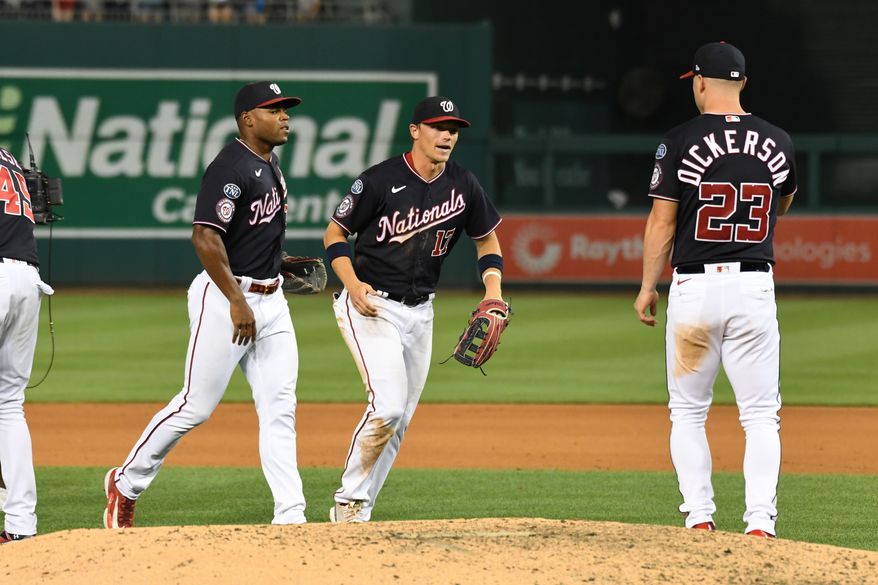 Washington Nationals players celebrate their 5-3 victory over the Milwaukee Brewers at Nationals Park in Washington D.C., July 31, 2023. (Photo by Billy Sabatini/All-Pro Reels)