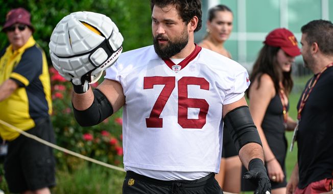 Washington Commanders offensive lineman Sam Cosmi (76) heads down to the field for the second day of training camp at the OrthoVirginia Training Center at Commanders Park in Ashburn, Virginia, July 27, 2023. (Photo by Brian Murphy)