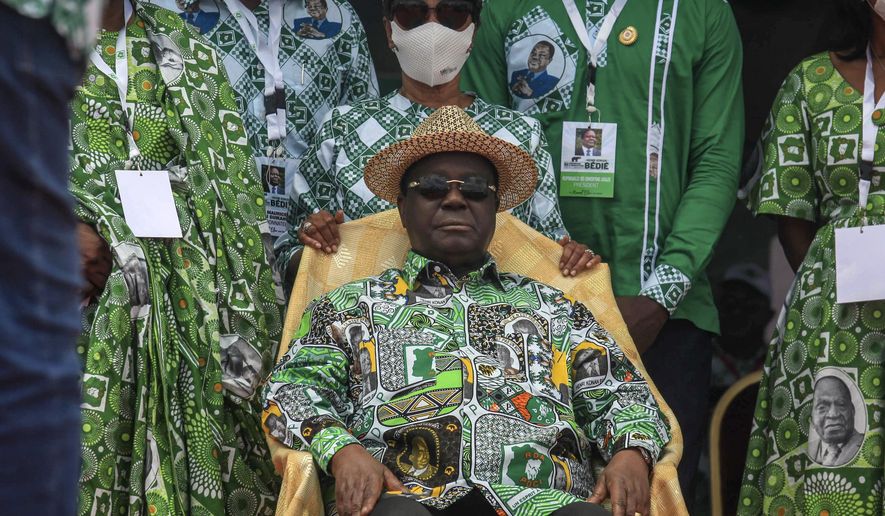 FILE- Former Ivory Coast President Henri Konan Bédié attends a party rally in Yamoussoukro, Ivory Coast, on Sept. 12, 2020. A career diplomat and politician, Bedie, who was head of state in the West African nation from 1993 to 1999, died at age 89, Tuesday, Aug. 1, 2023, according to a communiqué from his party. (AP Photo/Diomande Ble Blonde-file)