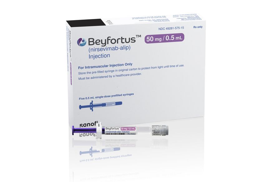 This illustration provided by AstraZeneca depicts packaging for their medication Beyfortus. On Thursday, Aug. 3, 2023, a panel of outside advisers to the Centers for Disease Control and Prevention recommended that babies get the drug to protect them against a respiratory virus that sends tens of thousands of American children to the hospital each year. (AstraZeneca via AP, File)