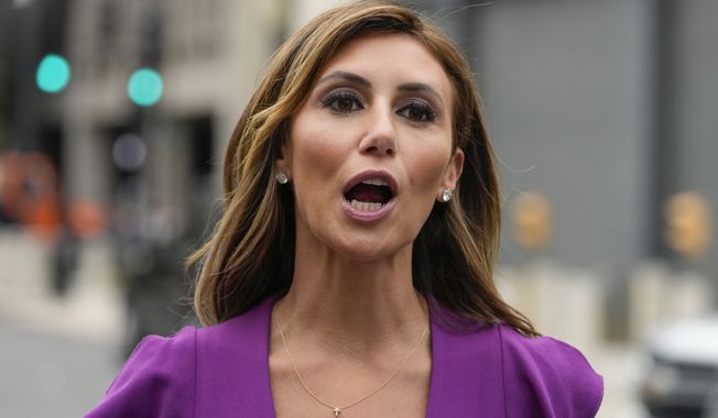 Alina Habba, a lawyer for former President Donald Trump, speaks after Trump arrived at the E. Barrett Prettyman U.S. Federal Courthouse, Thursday, Aug. 3, 2023, in Washington, to face a judge on federal conspiracy charges alleging Trump conspired to subvert the 2020 election. (AP Photo/Alex Brandon)