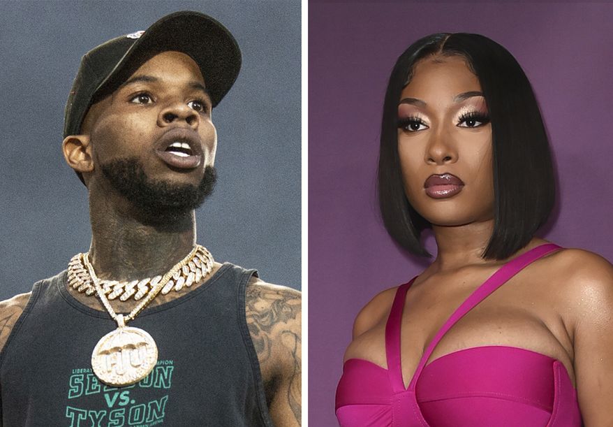This combination photo shows Tory Lanez performing at the Festival d'ete de Quebec, July 11, 2018, in Quebec City, Canada, left, and Megan Thee Stallion at the premiere of "P-Valley," June 2, 2022, in Los Angeles. Three years have passed since hip-hop superstar Megan Thee Stallion was shot multiple times by rapper Lanez in Los Angeles following a summer pool party at the home of Kylie Jenner. On Monday, Aug. 7, 2023, Lanez is scheduled to be sentenced, following his December conviction on three felony charges. (Photos by Amy Harris, left, Richard Shotwell/Invision/AP, File)
