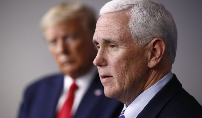 Vice President Mike Pence speaks alongside President Donald Trump during a coronavirus task force briefing at the White House in Washington on March 22, 2020. Former Vice President Mike Pence is refuting claims from ex-President Donald Trump&#x27;s legal team that Trump never asked him to reject votes from certain states while certifying the 2020 election. (AP Photo/Patrick Semansky, File)