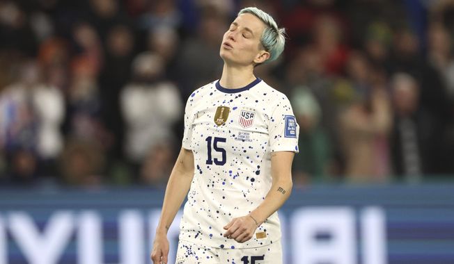 United States&#x27; Megan Rapinoe reacts after missing to score during a penalties&#x27; shootout during the Women&#x27;s World Cup round of 16 soccer match between Sweden and the United States in Melbourne, Australia, Sunday, Aug. 6, 2023. (AP Photo/Hamish Blair)