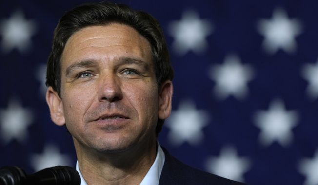 Republican presidential candidate Florida Gov. Ron DeSantis speaks during a fundraising event for U.S. Rep. Ashley Hinson, R-Iowa, Aug. 6, 2023, in Cedar Rapids, Iowa. The Florida governor is bringing on James Uthmeier, his chief of staff from his state office, to serve as his campaign manager, replacing Generra Peck, who led DeSantis&#x27; reelection campaign last year before jumping into the same role on his presidential bid. (AP Photo/Charlie Neibergall)