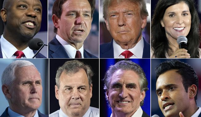 This combination of photos shows Republican presidential candidates, top row from left, Sen. Tim Scott, R-S.C., Florida Gov. Ron DeSantis, former president Donald Trump, and former South Carolina Gov. Nikki Haley, and bottom row from left, former Vice President Mike Pence, former New Jersey Gov. Chris Christie, North Dakota Gov. Doug Burgum and Vivek Ramaswamy. With less than a month to go until the first 2024 Republican presidential debate, eight candidates say they have met the qualifications for a podium slot. But that also means that about half of the broad GOP field is running short on time to make the stage. (AP Photo)