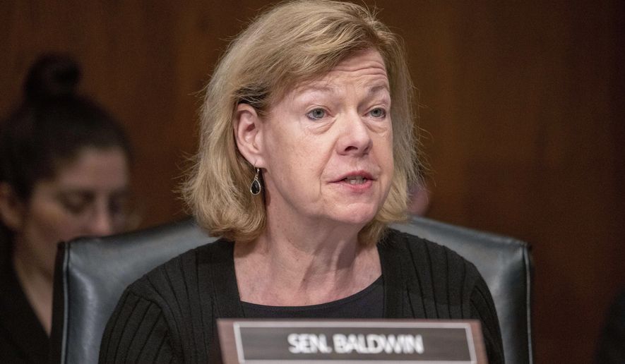 FILE - Sen. Tammy Baldwin, D-Wis., speaks during a Senate Health, Education, Labor and Pensions confirmation hearing for Julie Su to be the Labor Secretary, on Capitol Hill, Thursday, April 20, 2023, in Washington. Rejani Raveendran, a 40-year-old college student and chair of the University of Wisconsin-Stevens Point College Republicans, planned to announce her candidacy for the 2024 election against Baldwin. (AP Photo/Alex Brandon, File)