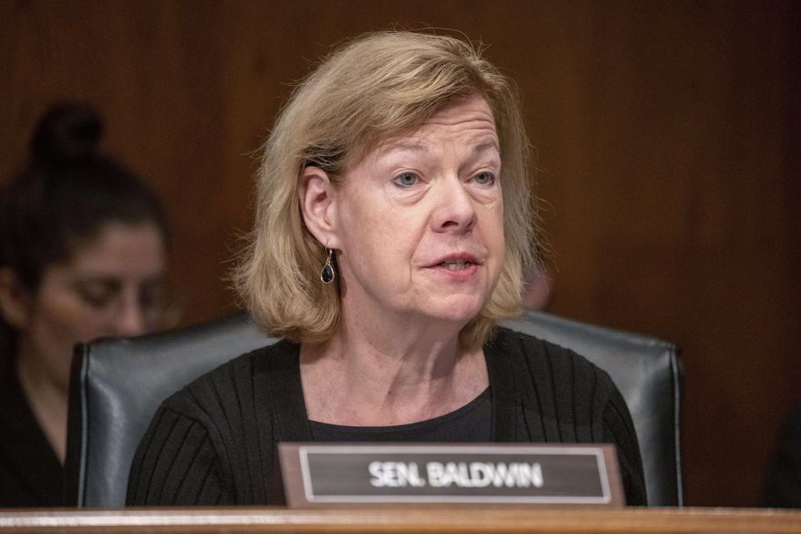 FILE - Sen. Tammy Baldwin, D-Wis., speaks during a Senate Health, Education, Labor and Pensions confirmation hearing for Julie Su to be the Labor Secretary, on Capitol Hill, Thursday, April 20, 2023, in Washington. Rejani Raveendran, a 40-year-old college student and chair of the University of Wisconsin-Stevens Point College Republicans, planned to announce her candidacy for the 2024 election against Baldwin. (AP Photo/Alex Brandon, File)